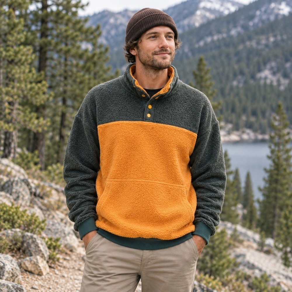 Outdoor Voices Mens Sherpa Fleece Pullover XL Colorblock Wool Blend Snap Neck